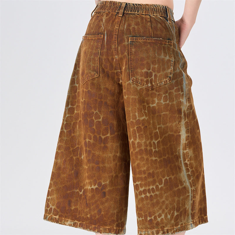 Leopard Print Wide-Leg Denim Shorts – Washed Rust Brown Animal Print