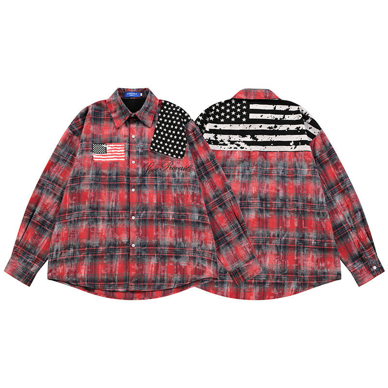 Washed Plaid Long Sleeve Shirt with American Flag Patchwork – Oversized