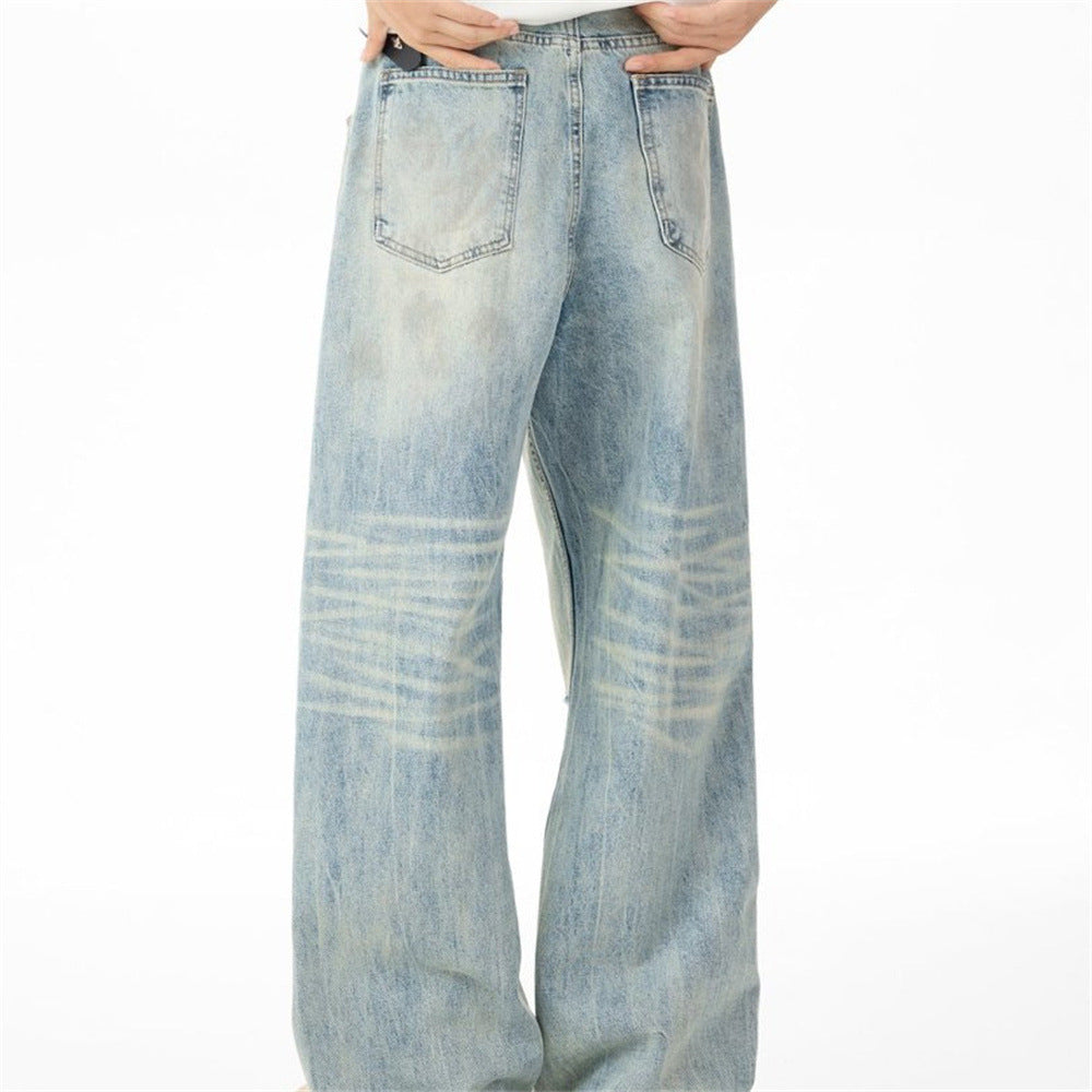 Wide-Leg Distressed Jeans – Light Wash Vintage Ripped Straight Denim