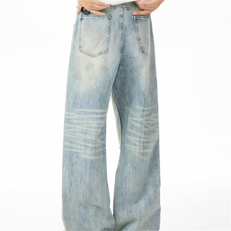 Wide-Leg Distressed Jeans – Light Wash Vintage Ripped Straight Denim