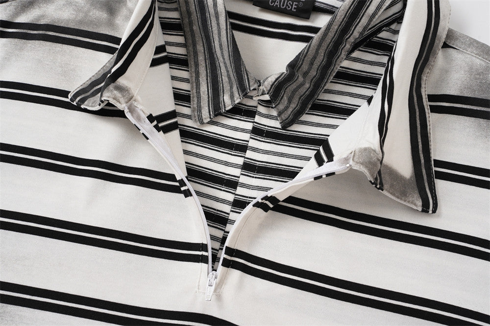 Oversized Striped Polo Shirt – Half-Zip Collar Short Sleeve Tee