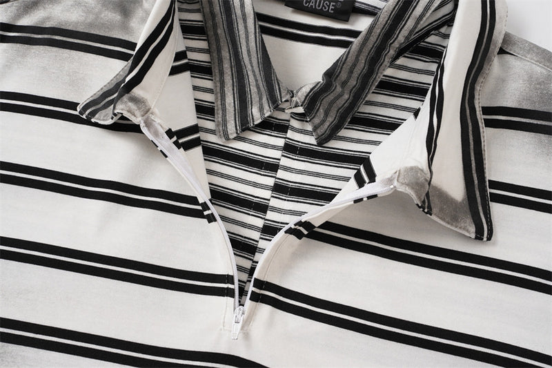 Oversized Striped Polo Shirt – Half-Zip Collar Short Sleeve Tee