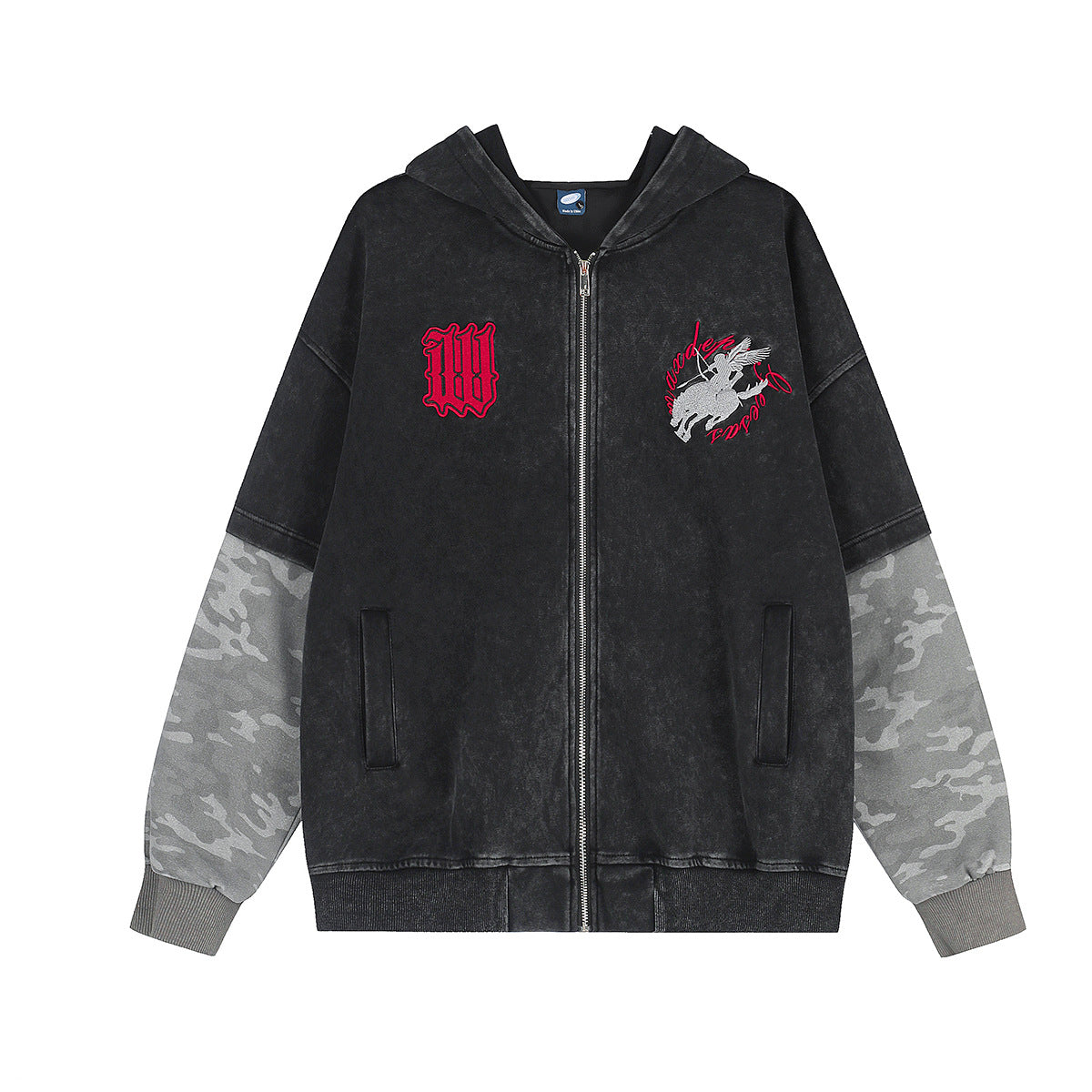 Acid wash black zip-up hoodie with grey camouflage sleeves and red embroidered gothic patch on chest