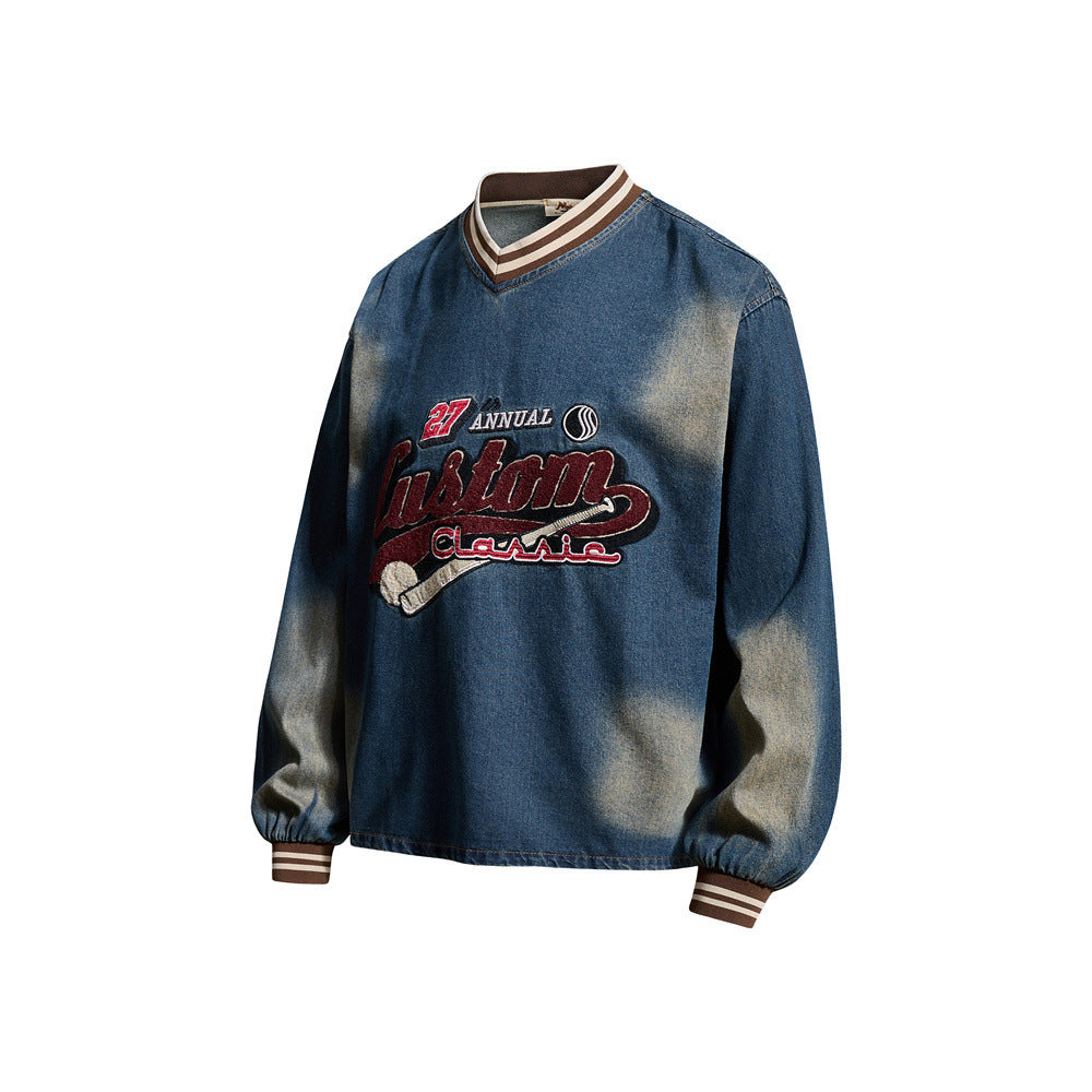 Vintage Washed Denim Sweatshirt – V-Neck Baseball Embroidery Oversized Pullover