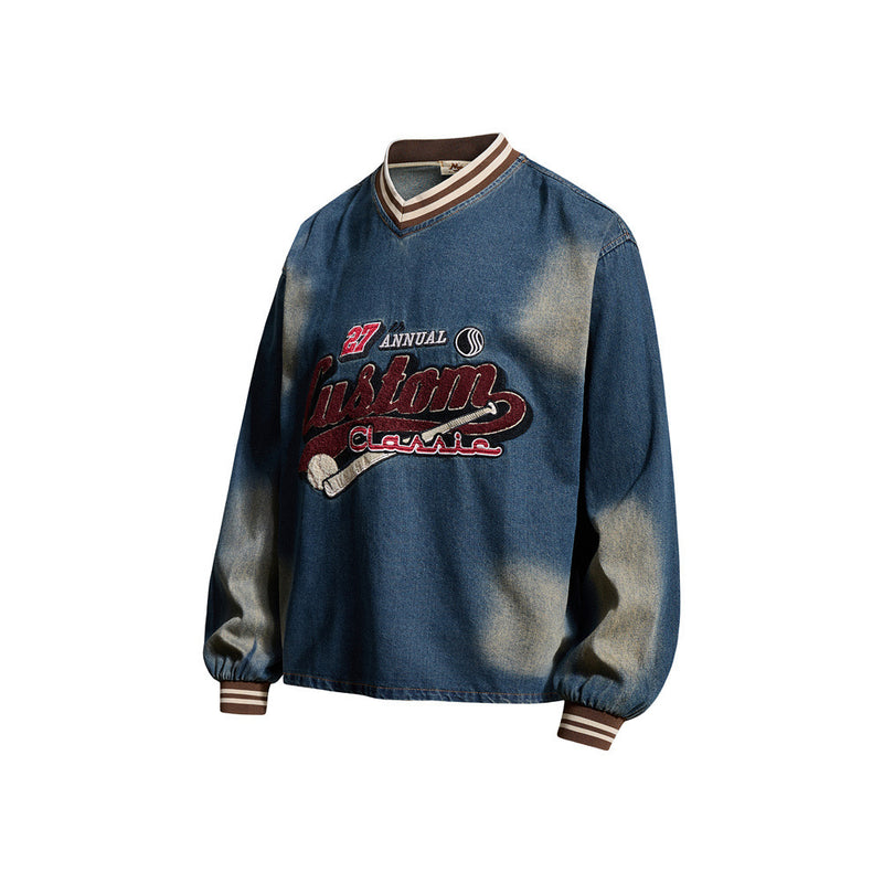 Vintage Washed Denim Sweatshirt – V-Neck Baseball Embroidery Oversized Pullover