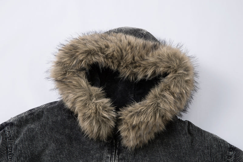 Corduroy Padded Jacket with Faux Fur Hood – Oversized Washed Winter Coat