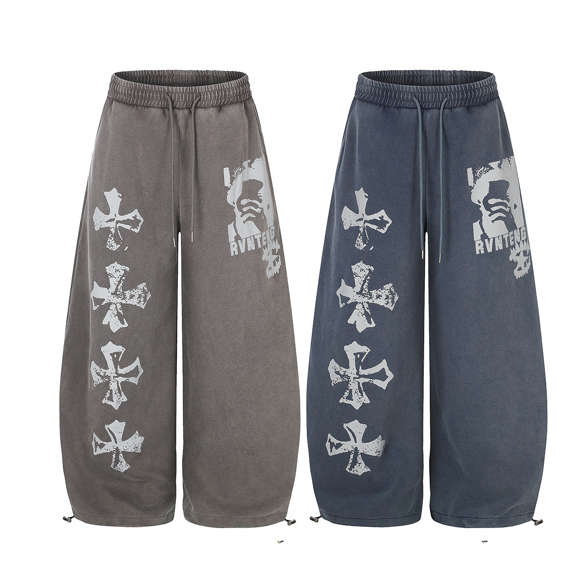 Pantalones de chándal de pierna ancha con cruz estampada y acabado lavado ácido