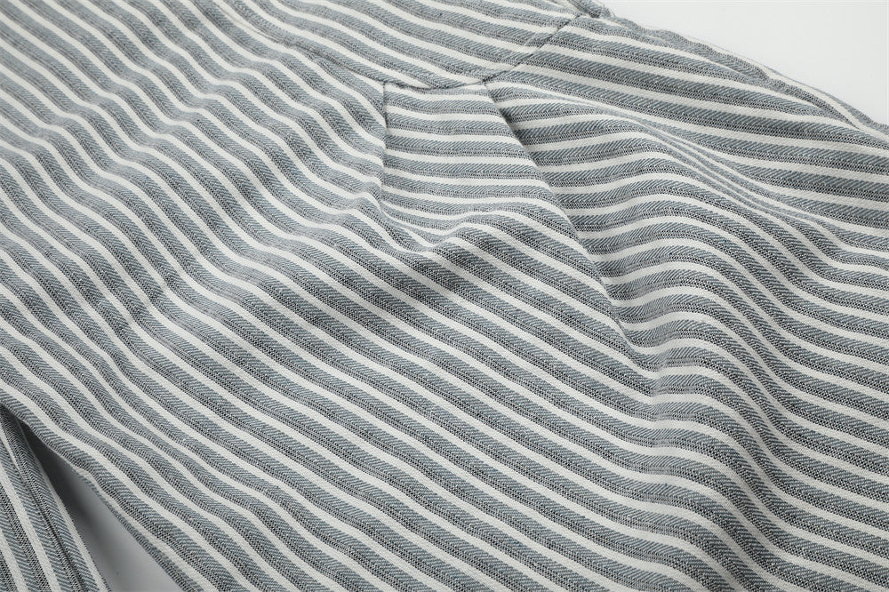 Wide-Leg Striped Pants with Curved Arc Pocket Design