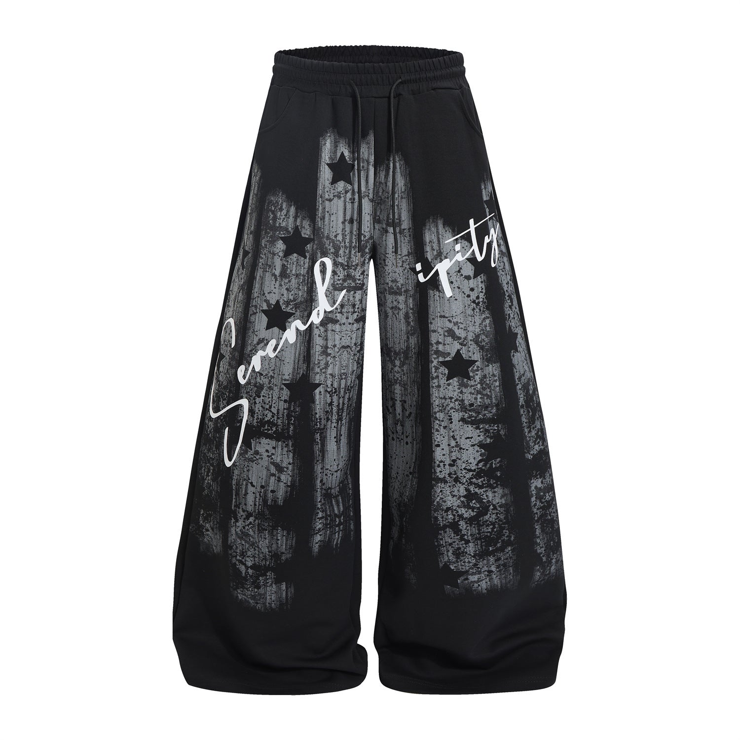 Pantalon de survêtement Serendipity à jambes larges noir, avec imprimé coups de pinceau effet usé et écriture cursive, vue de face