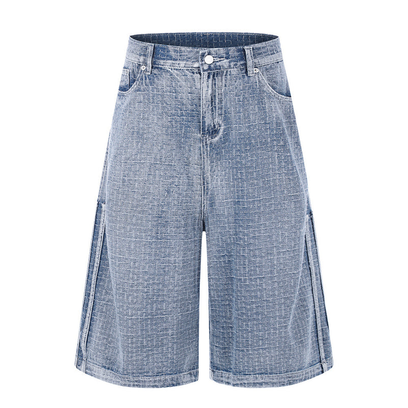 Men's Wide-Leg Denim Shorts – Relaxed Fit Jacquard Textured Jean Shorts