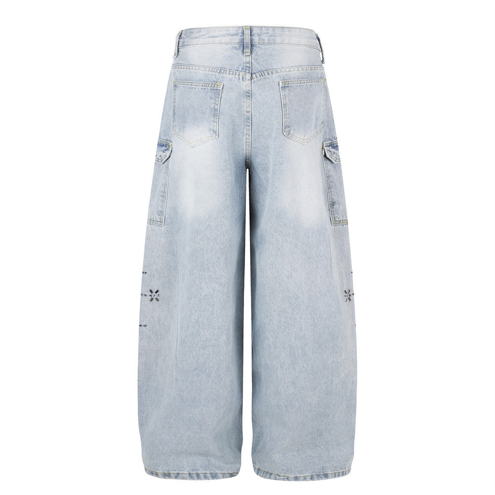 Wide Leg Cargo Jeans with Rhinestone Side Detail & Lace Trim — Light Wash Baggy