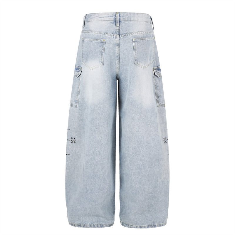 Wide Leg Cargo Jeans with Rhinestone Side Detail & Lace Trim — Light Wash Baggy