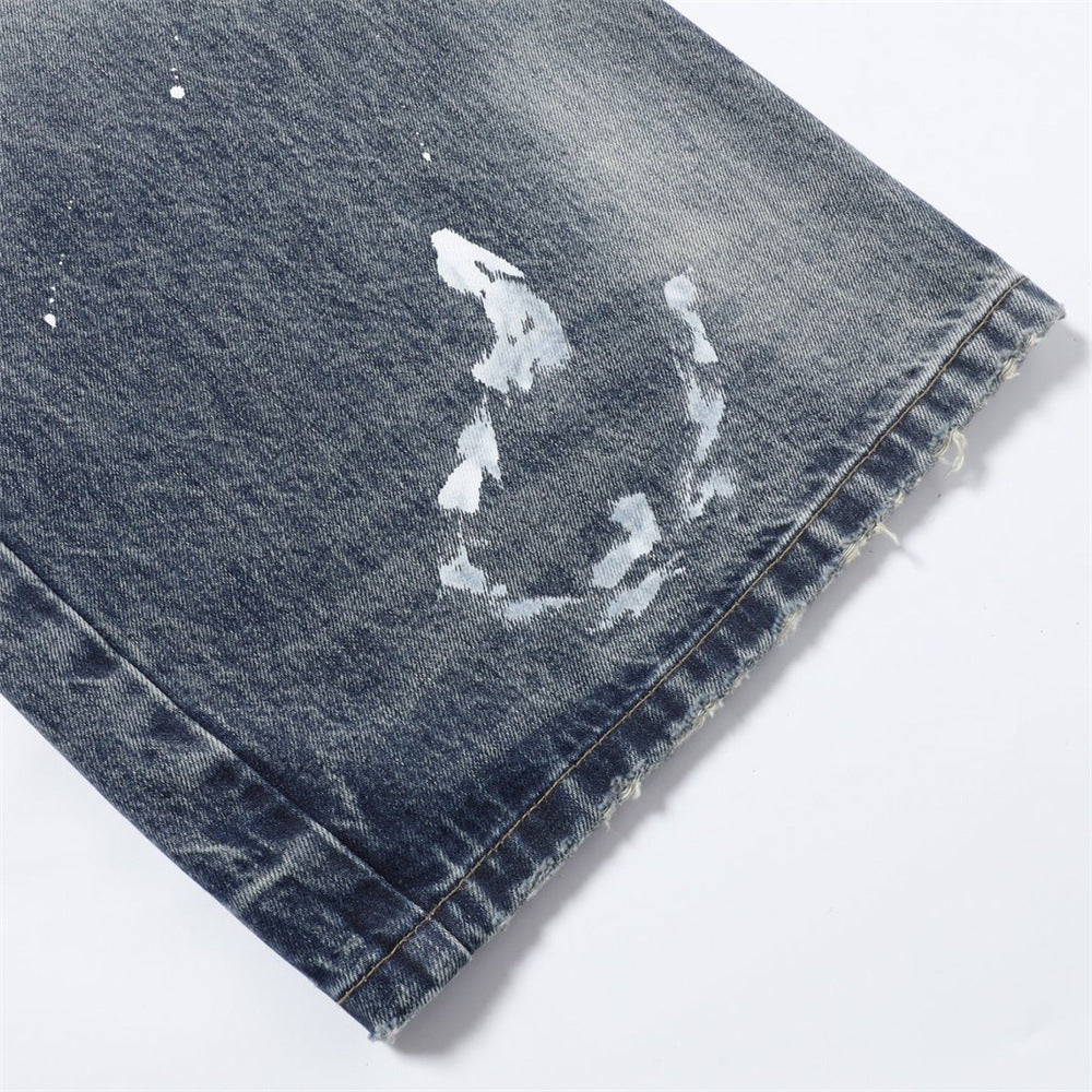 Wide-Leg Baggy Jeans – Vintage Wash, Paint Splatter & Distressed Hem