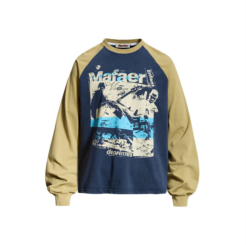 メンズ オーバーサイズ グラフィック 長袖ラグランTシャツ、配色コントラストスリーブ、ヴィンテージ風ダメージ胸元プリント