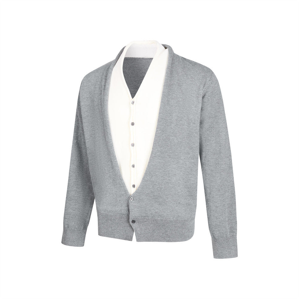 Men's V Neck Sweater Two-Tone Faux-Layered Cardigan