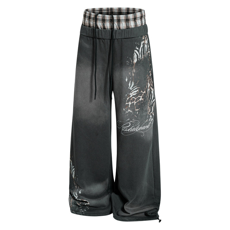 Wide Leg Sweatpants with Plaid Waistband & Animal Print Graphic