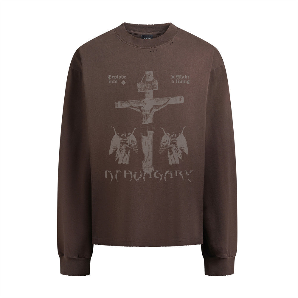 Heavyweight gothic cross graphic long sleeve tee in deep brown with distressed raw-edge hem and angel print