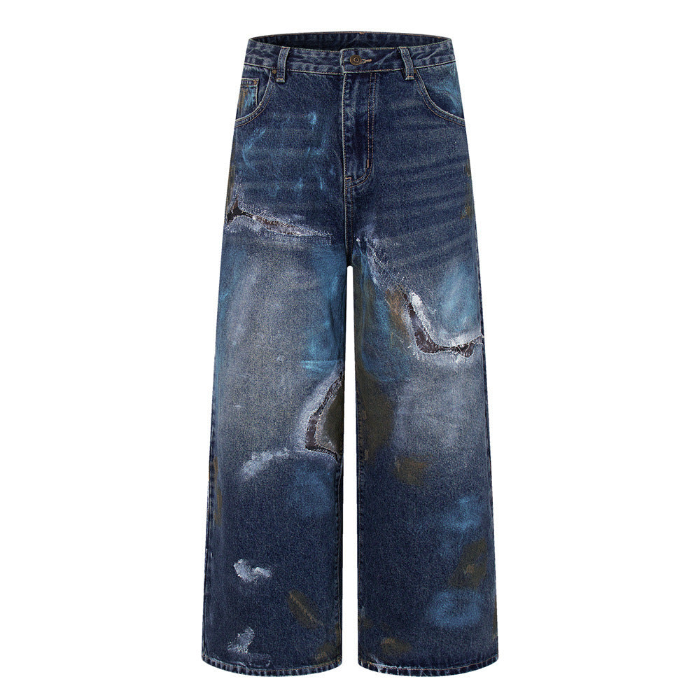 Distressed Patch Wide-Leg Jeans – Grunge Punk Washed Denim