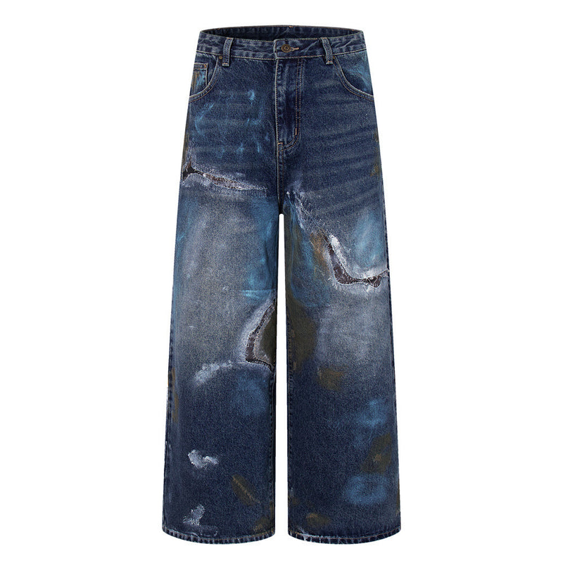 Distressed Patch Wide-Leg Jeans – Grunge Punk Washed Denim