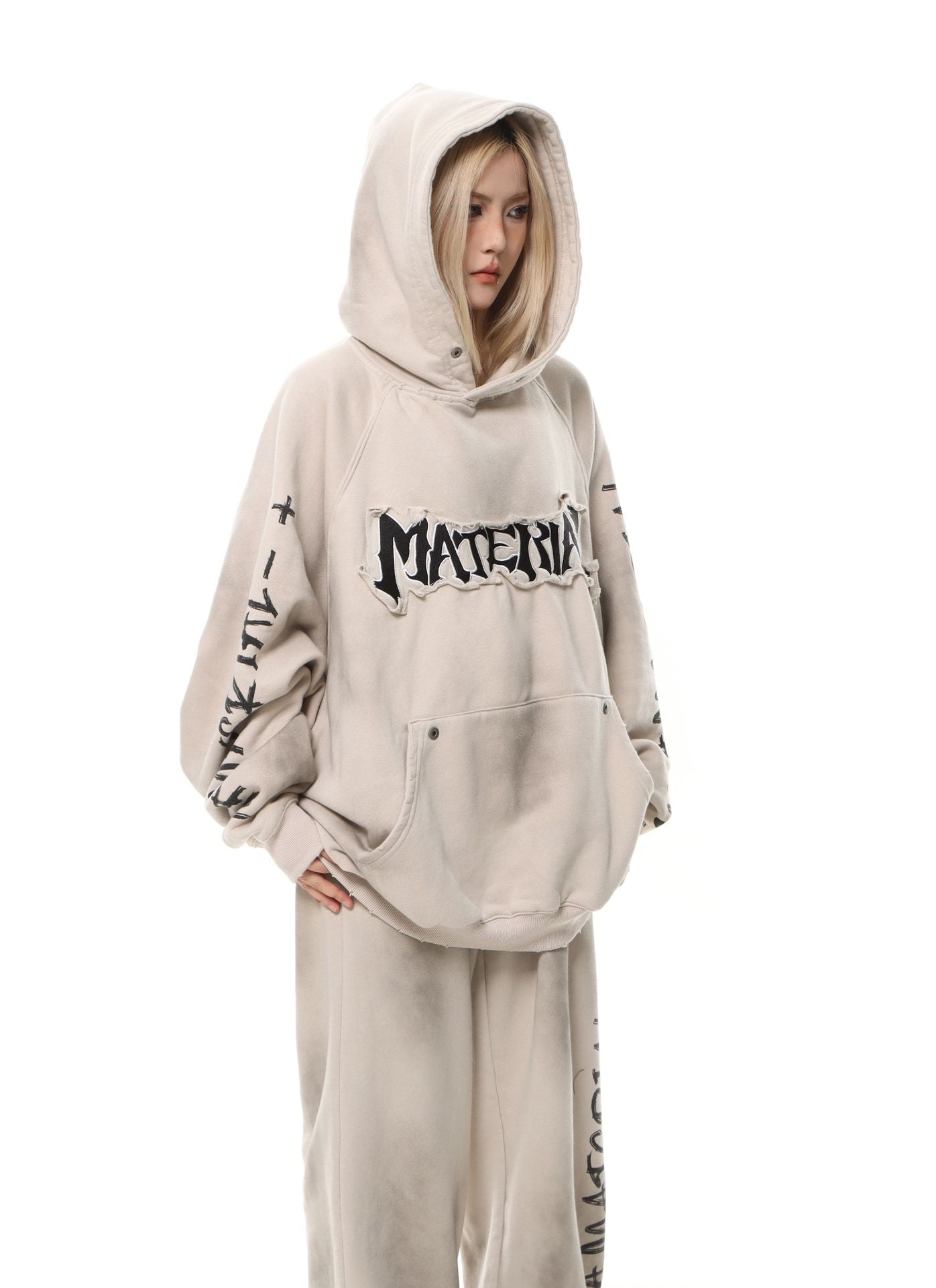 Material Graphic Oversized Hoodie – Washed Heavy Fleece with Embroidered Patch &
