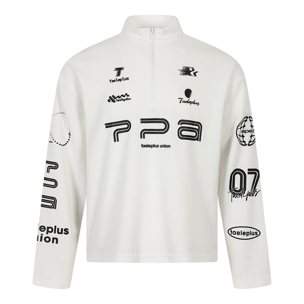 Taeleplus Union PPA racing graphic half-zip mock neck waffle-knit sweatshirt in white and black