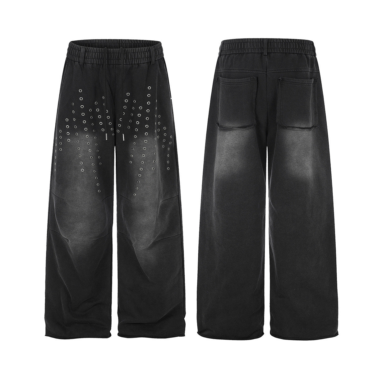 Pantalon de survêtement wide leg – Jogger droit noir délavé à œillets métalliques