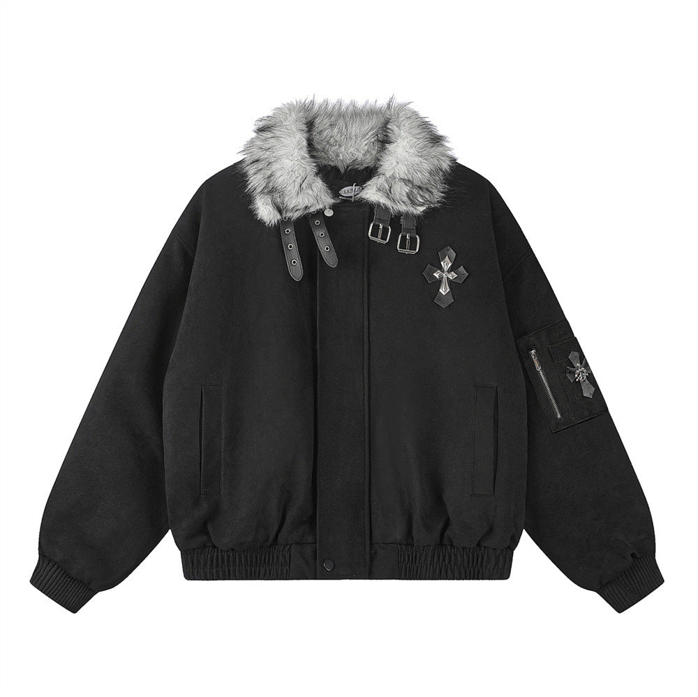 Veste homme doublée sherpa, bomber à col en fourrure avec écusson croix et détails à boucle