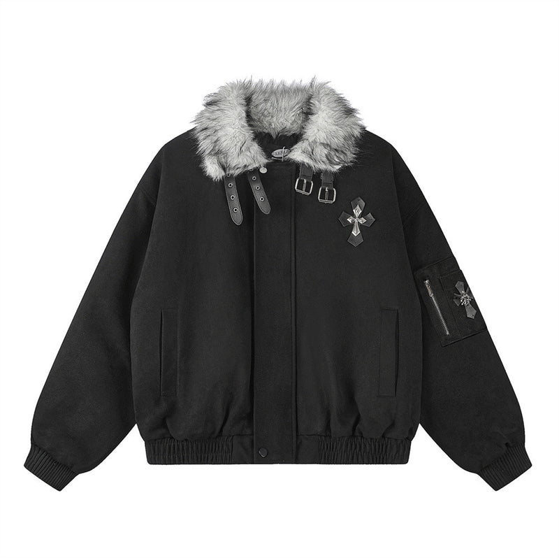 Veste homme doublée sherpa, bomber à col en fourrure avec écusson croix et détails à boucle