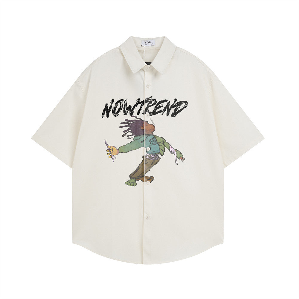 NOWTREND Graphic Print Short-Sleeve Shirt – Oversized Hip-Hop Button-Up