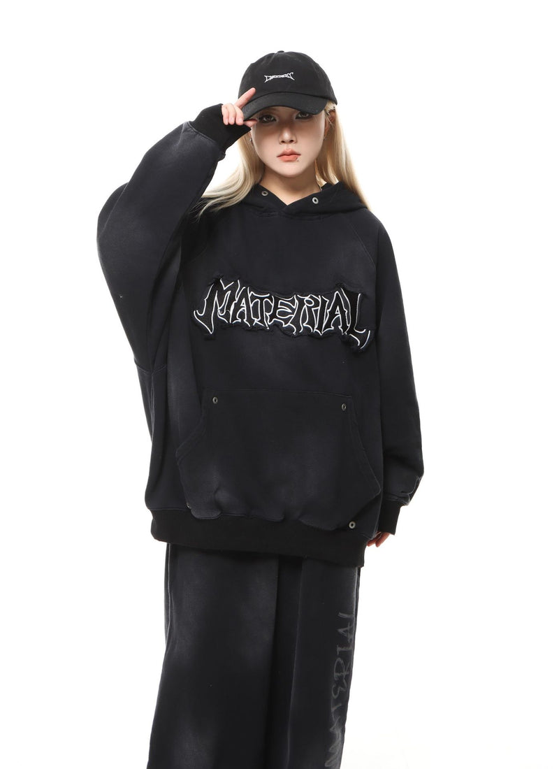Material Graphic Oversized Hoodie – Washed Heavy Fleece with Embroidered Patch &