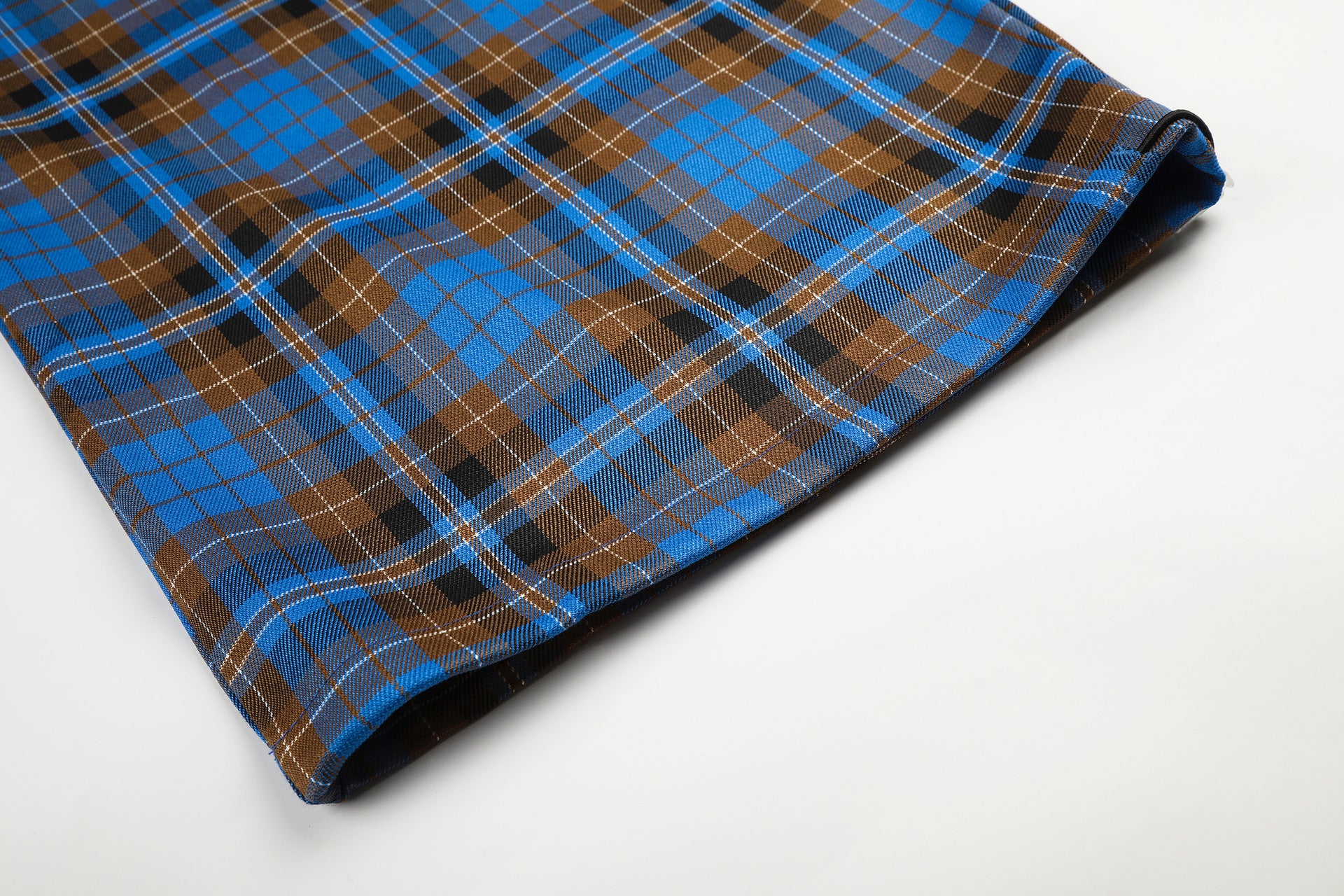 Wide-Leg Plaid Pants – Blue Tartan Baggy Fit with Crest Graphic & Drawstring Hem