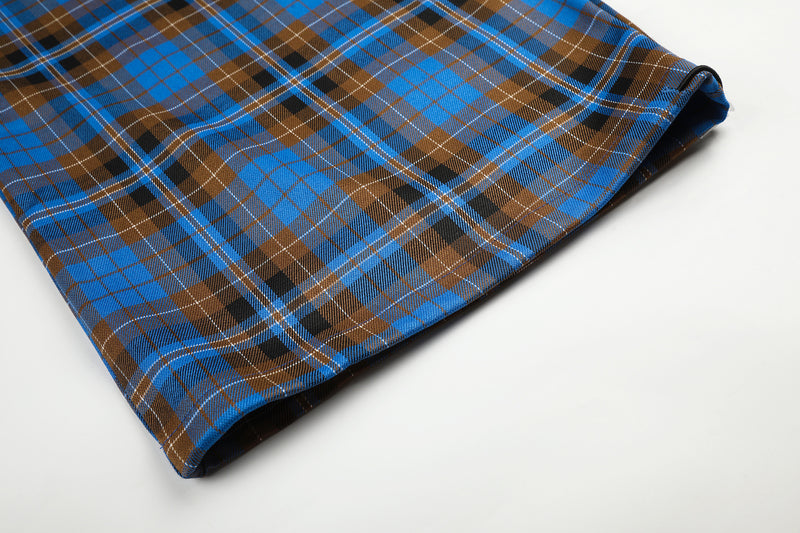 Wide-Leg Plaid Pants – Blue Tartan Baggy Fit with Crest Graphic & Drawstring Hem