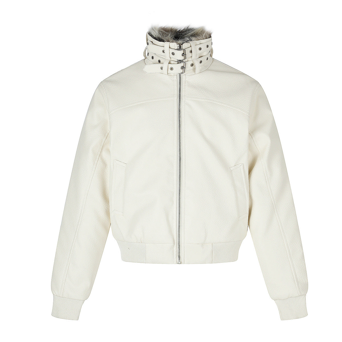 Faux Leather Bomber Jacket with Fur Collar and Buckle Detail