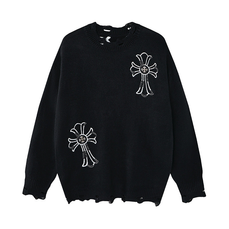 Pull en maille destroy à broderies croisées – Sweat oversize à col rond
