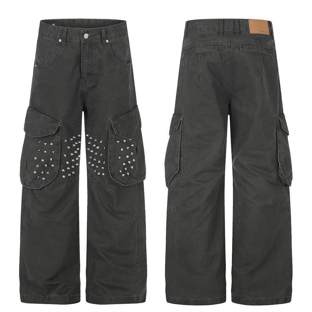 Pantalon cargo gris délavé à rivets pour homme – Coupe ample et décontractée