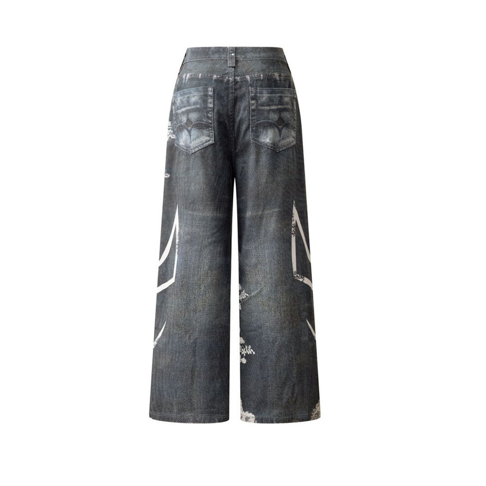 Loose Jeans for Men – Graffiti 3D Print Wide-Leg Dark Wash Denim