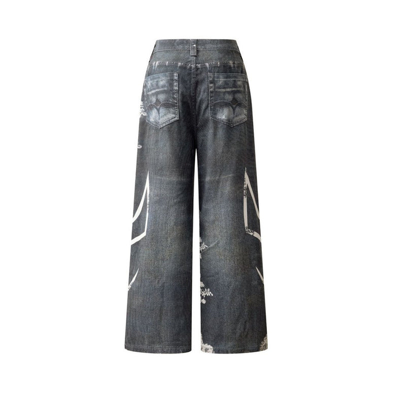 Loose Jeans for Men – Graffiti 3D Print Wide-Leg Dark Wash Denim