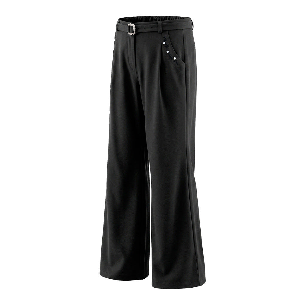 Pantalon ample rayé pour homme avec broderies florales et ceinture