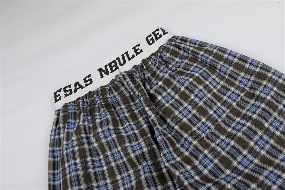 Plaid Wide-Leg Pants with Logo Elastic Waistband