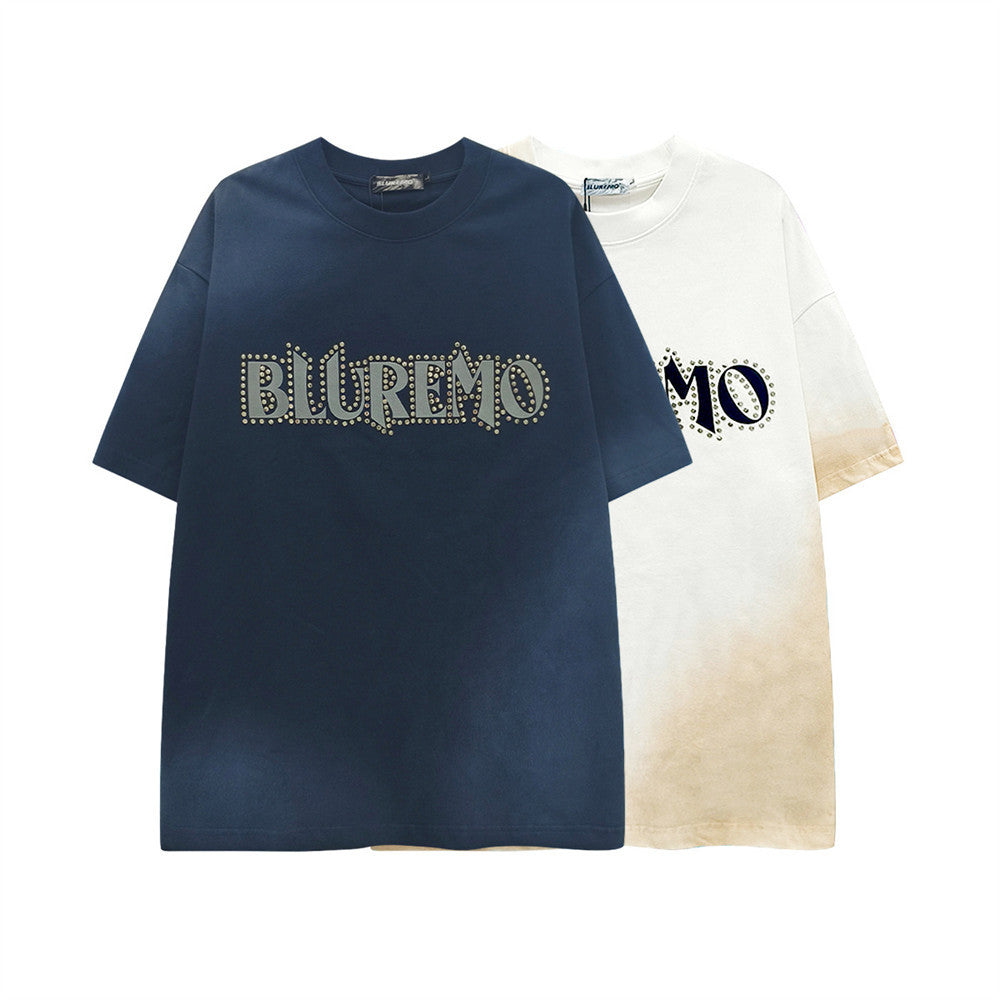 Bluremo studded logo oversized t-shirt in navy and washed gradient colorways, streetwear style