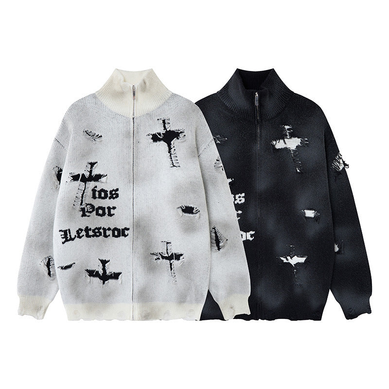 Distressed Cross Knit Cardigan mit Reißverschluss – Oversized Destroyed-Strickmode für