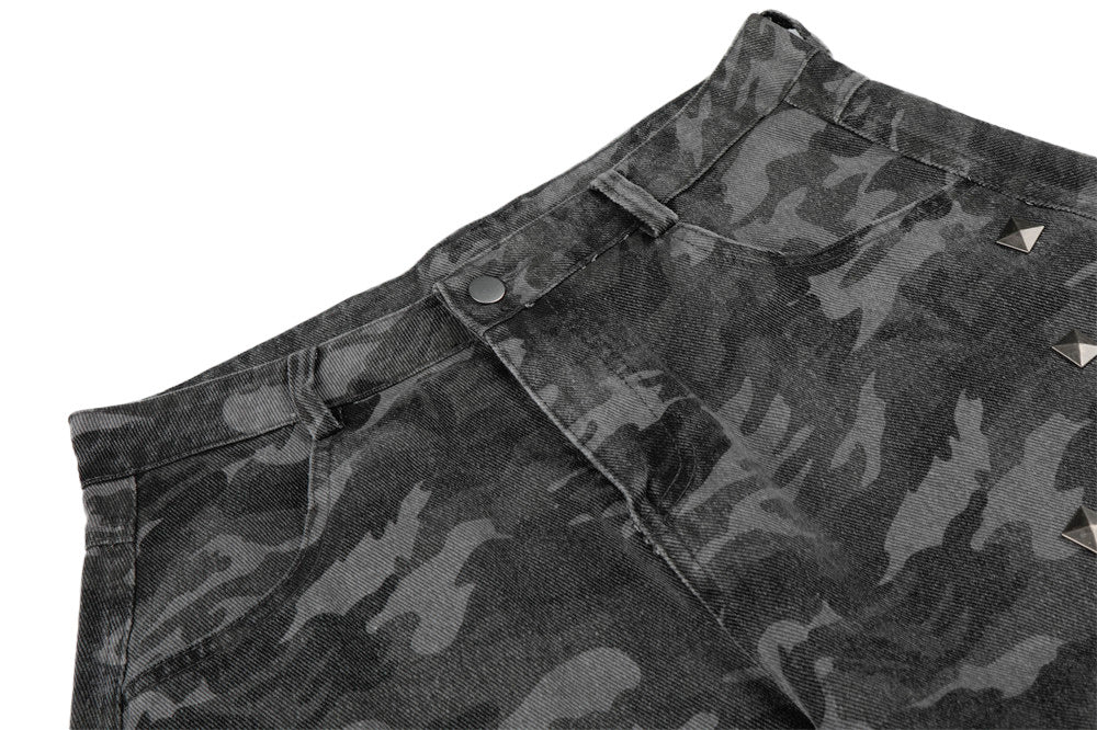 Camo Wide-Leg Jeans with Metal Studs – Punk Streetwear Barrel Fit