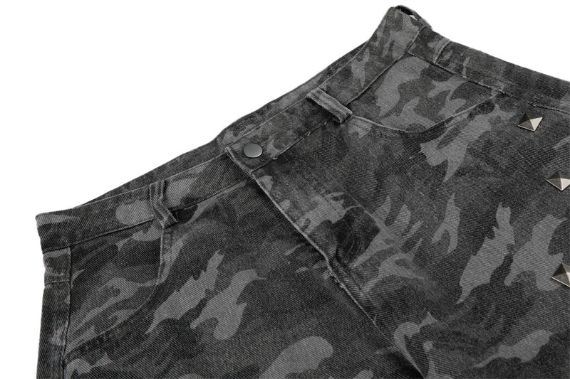 Camo Wide-Leg Jeans with Metal Studs – Punk Streetwear Barrel Fit