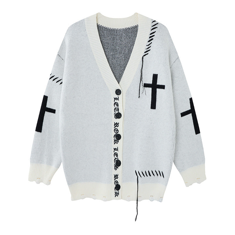 Gilet en maille à motif croisé et lettres gothiques – Pull destroy pour homme