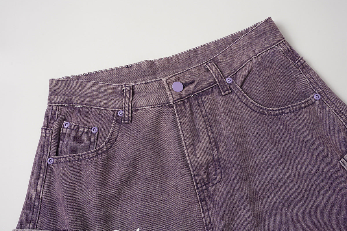Jean taille haute à jambe large – Pantalon barrel en denim violet délavé à l’acide, imprimé graffiti