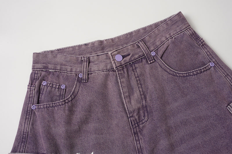 Jean taille haute à jambe large – Pantalon barrel en denim violet délavé à l’acide, imprimé graffiti