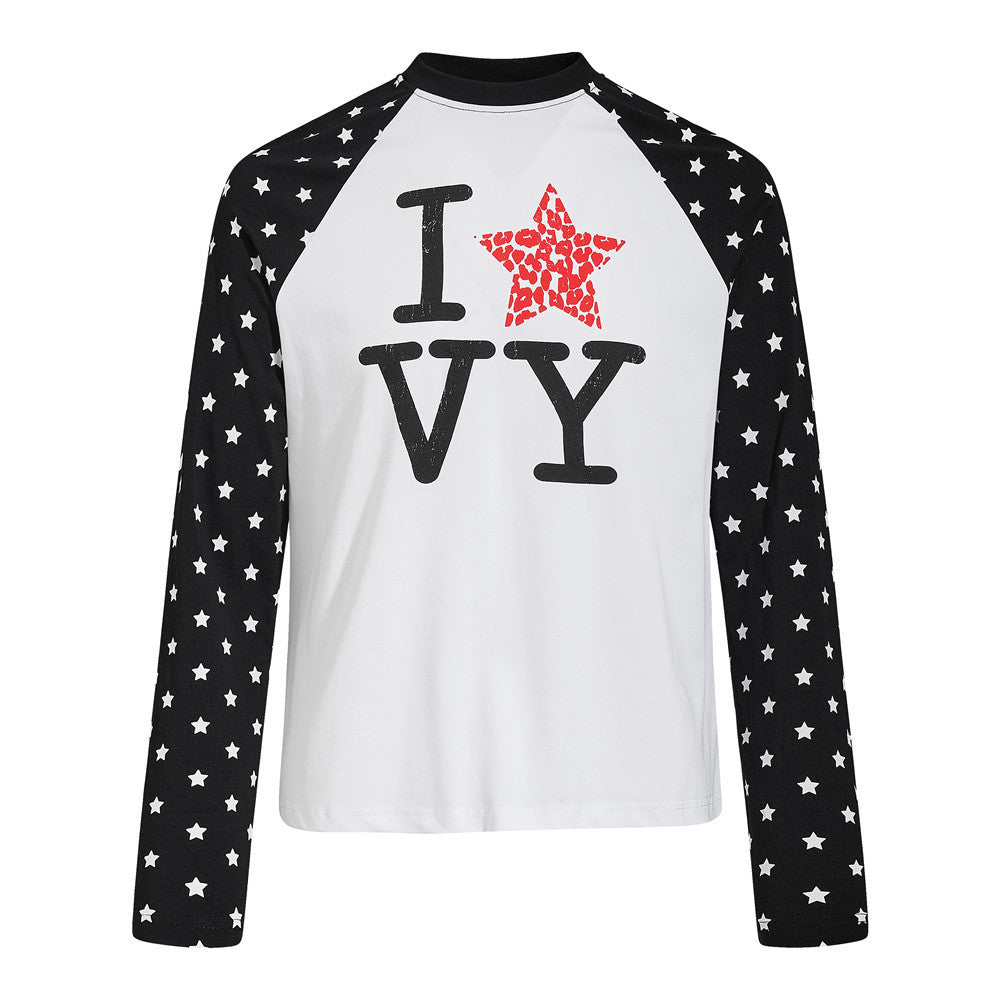 Men's long sleeve raglan colorblock T-shirt with star print sleeves and distressed graphic chest print in black-white and blu