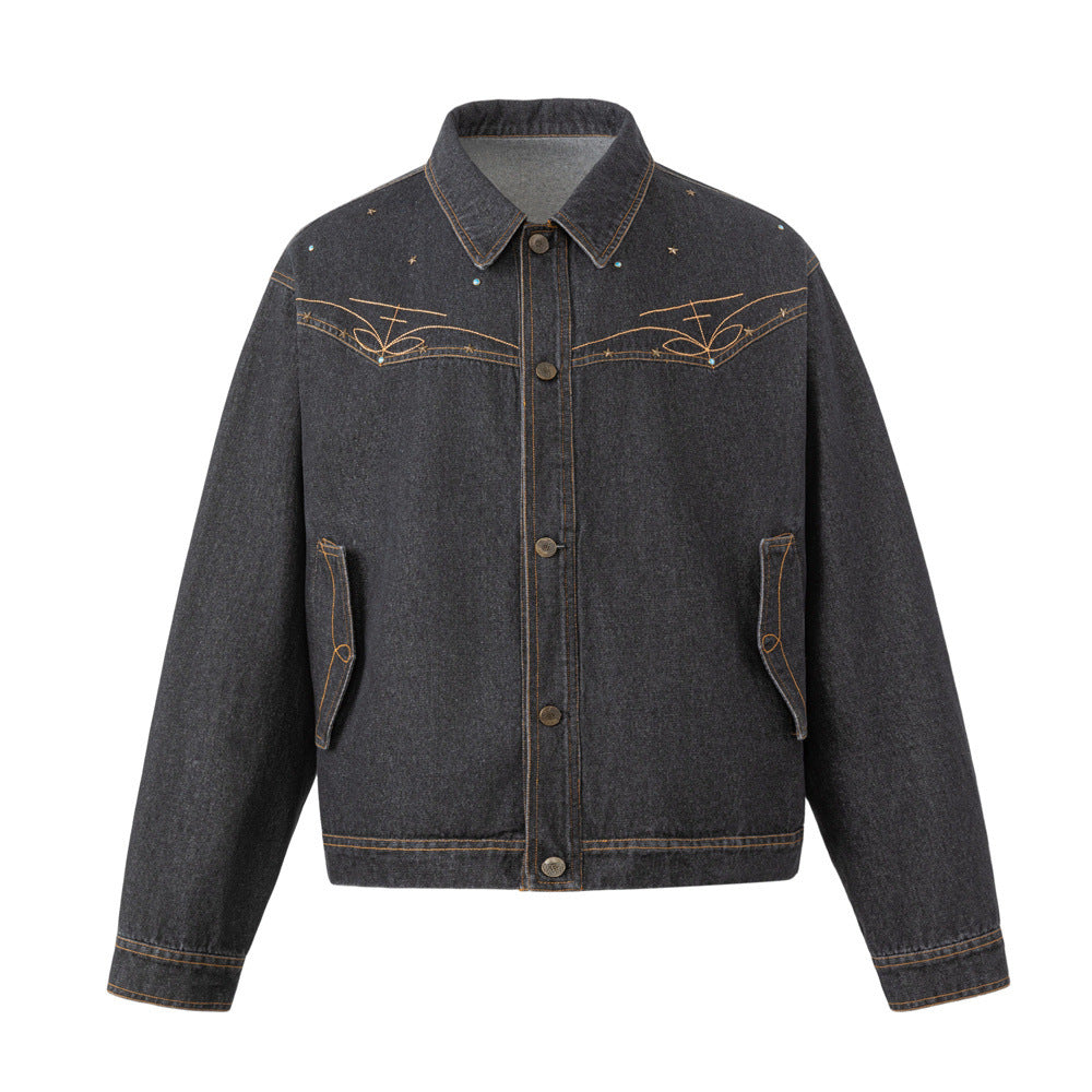 Black Denim Jacket with Embroidered Stitch Detail and Studded Accents