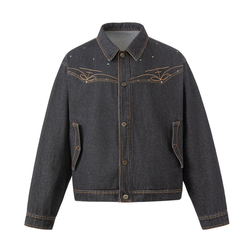 Black Denim Jacket with Embroidered Stitch Detail and Studded Accents