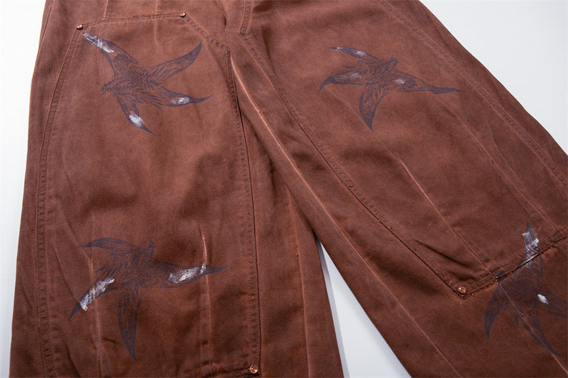 Wide-Leg Cargo Pants – Washed Brown Bird Print, Baggy Fit